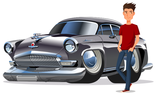 illustration person next to classic car