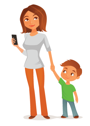 Character, mom with child on mobile 