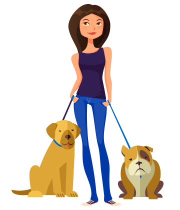 Illustration of young woman walking two dogs